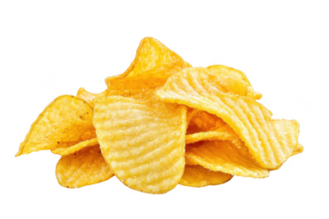 Close up view of a pile of rippled potato chips on dark background on transparent background