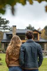 Naklejka premium A man and woman stand in front of a house, looking at it