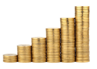 Cinco pilhas de moedas douradas sob fundo branco com reflexo. Arte ilustra&ccedil;&atilde;o para representar economia, reservas, finan&ccedil;as e or&ccedil;amento. Bancos, institui&ccedil;&otilde;es financeiras. Poupan&ccedil;a e investimento. 