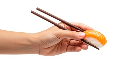 A hand using chopsticks holds a piece of fresh sushi with a slice of salmon on top, against a pristine white background.