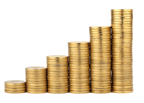 Cinco pilhas de moedas douradas sob fundo branco com reflexo. Arte ilustração para representar economia, reservas, finanças e orçamento. Bancos, instituições financeiras. Poupança e investimento. 