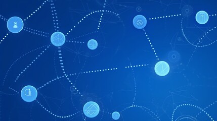 Abstract network connections are depicted in glowing blue circles on a dark blue background.  Perfect for technology or communication presentations.