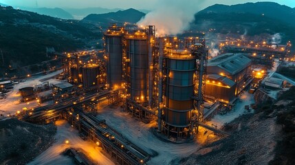This industrial site features tall structures representing mining and energy generation operations, with active extraction and metallurgy processes illuminated in the evening light.