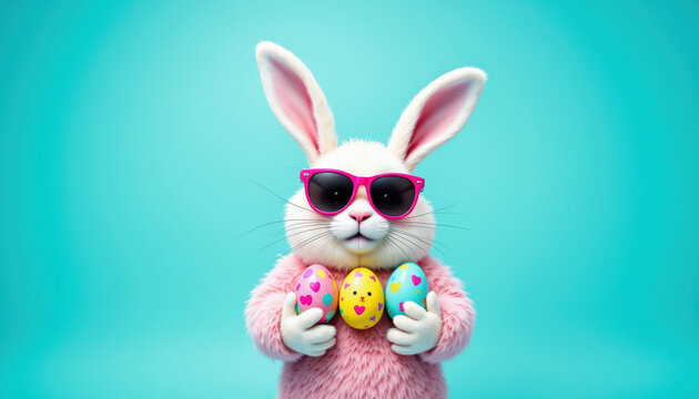 Encantador y esponjoso conejito blanco y rosa con gafas de sol sosteniendo huevos de Pascua de colores sobre fondo turquesa. Divertido, alegre, celebraci&oacute;n, ambiente primaveral alegre y festivo.