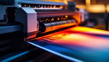 Large format printing machine in action.  Vibrant colors emerge from the printing process.  High-resolution image output