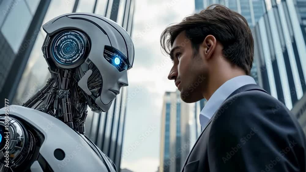Poster in an urban area with large buildings, a smartly dressed man in a suit is pictured face-to-face with