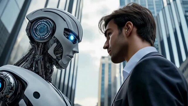 In an urban area with large buildings, a smartly dressed man in a suit is pictured face-to-face with a white humanoid robot. The scene evokes curiosity about the fusion of tech and humanity.