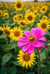 Fototapeta premium Vibrant pink flower contrasts with a field of sunflowers, bright, bloom, floral photography