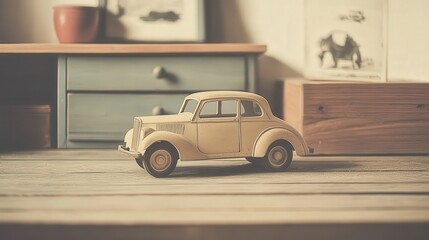Obraz premium Nostalgic toy car home setting image vintage environment close-up sepiatoned aesthetic