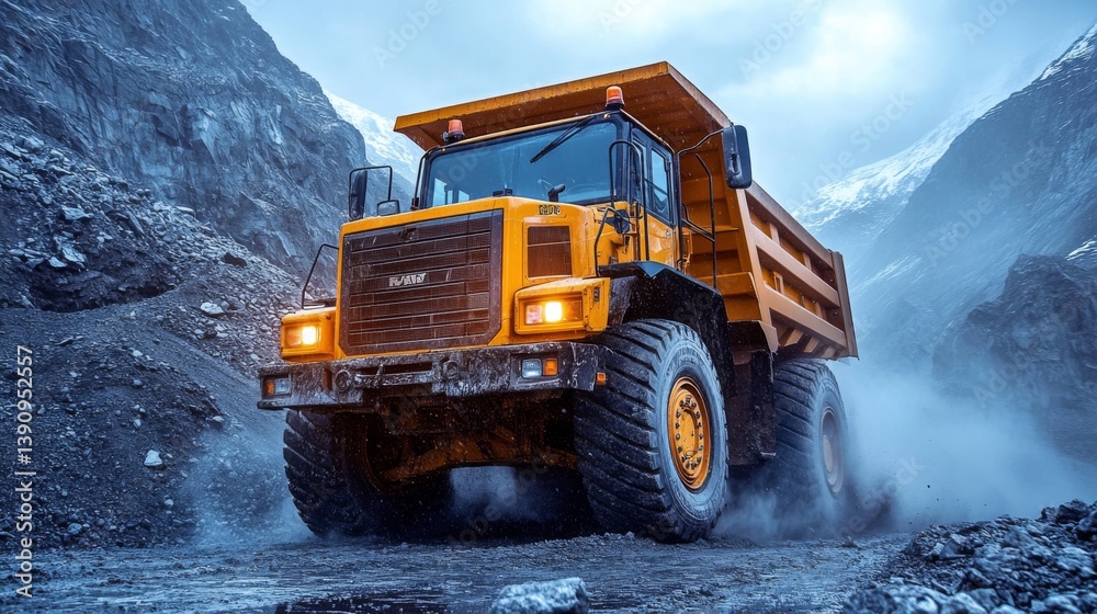 Poster a heavy dump truck navigates through a rugged quarry terrain, expertly transporting minerals amid to