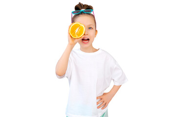 The girl is wearing a white blank T-shirt. Stylish cute girl with orange.Template for design, copy space for logo, text. Front view. Mockup, summer concept.