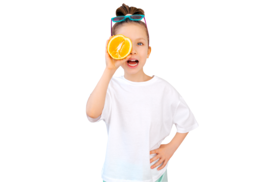 The girl is wearing a white blank T-shirt. Stylish cute girl with orange.Template for design, copy space for logo, text. Front view. Mockup, summer concept.
