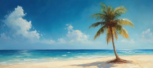 Tropical Beach Scene with Palm Tree and Turquoise Ocean under Bright Sunshine
