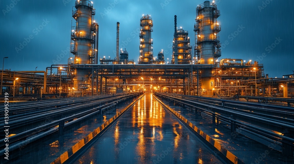 Poster large industrial facility features towering structures and extensive pipelines. the site is illumina