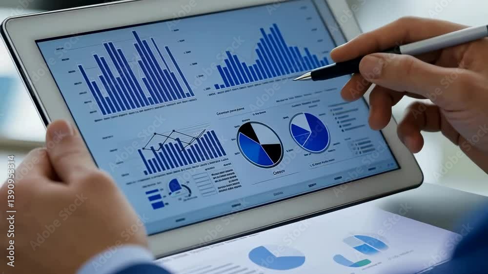 Poster Close-up of hands holding tablet displaying financial charts like bar graphs , pie charts. The person is using pen to point at data. Additional paper documents with same graphics are also present.