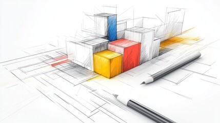 Colorful cubes on architectural sketch