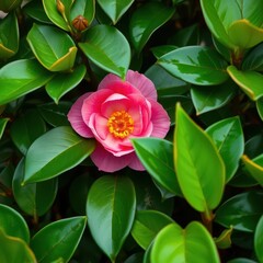 A single, pristine pink camellia flower nestled amongst vibrant green foliage, garden, image, leaves