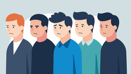 Frowning Gaze A group of men standing together each looking down or avoiding eye contact showing the social pressure that discourages open conversations about mental health.