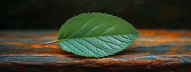 Green Leaf On Aged Wooden Background Rustic Still Life Natural Textures