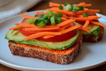 Sliced whole grain bread is topped with layers of ripe avocado, fresh tomato, and shredded carrots, garnished with green onions for a vibrant, nutritious snack