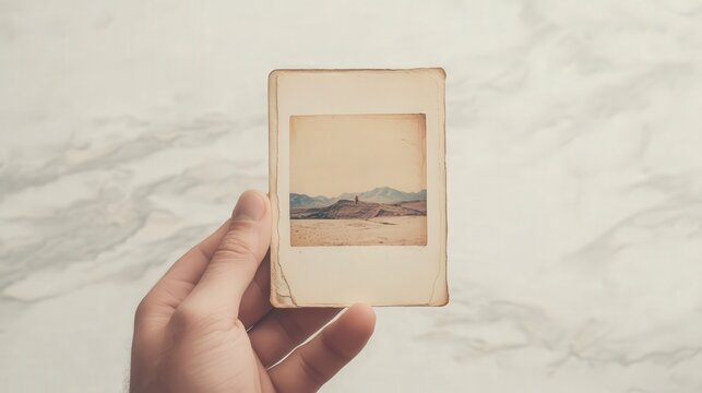Hand holding faded low resolution photo indoor picture display minimalist close-up nostalgic memory