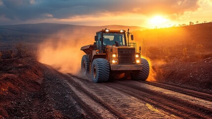 Fototapeta premium Excavator moves through dusty ground at a quarry as the sun sets, highlighting essential work in mineral extraction and excavation processes at the site.