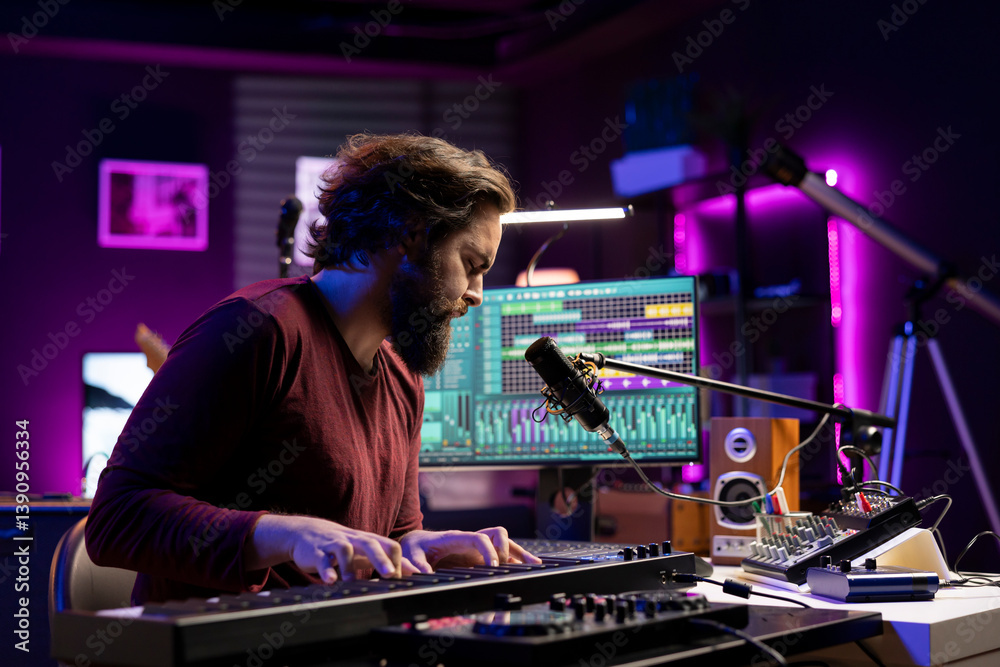 Poster Sound engineer working in home studio with daw software interface, playing piano notes and editing audio recordings. Performer creating tunes on electronic midi controller keyboard.