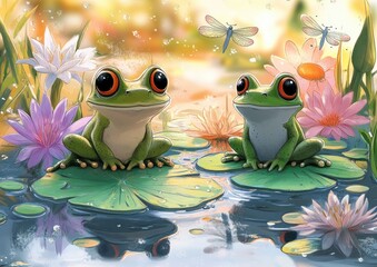 Cute Friendly Frogs on Lily Pads in Colorful Pond with Flowers and Dragonflies