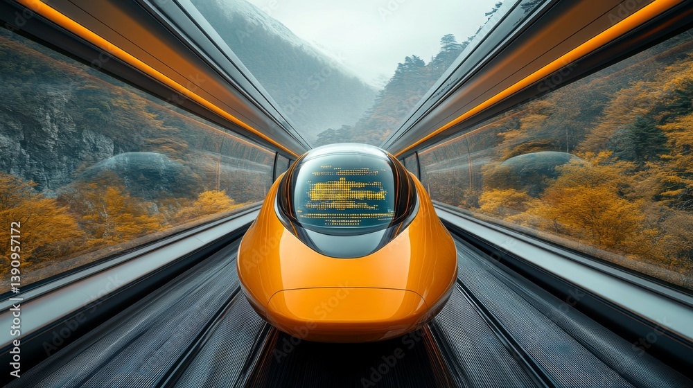 Poster a futuristic train glides smoothly along sleek tracks in a stunning mountain setting, showcasing cut