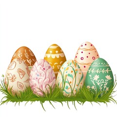 Five colorful Easter eggs decorated with floral and geometric patterns sit nestled in green grass.  Perfect for Easter cards and spring celebrations