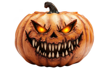 Ominous carved pumpkin with glowing eyes on a dark background on transparent background