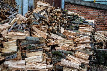 Piles of neatly cut firewood are stacked high against a rustic brick wall, ready for winter use, showcasing an organized storage setup