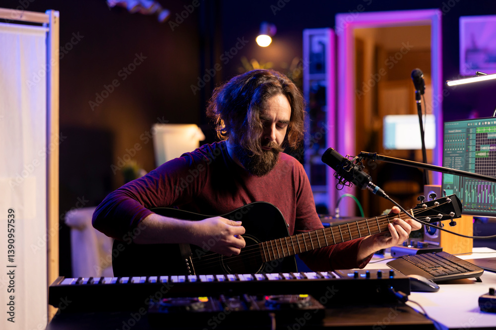 Poster Musician with condenser microphone creating a song on guitar, working on mixing and mastering tunes. Artist audio engineer recording music and adding sound effects in post production, acoustics.