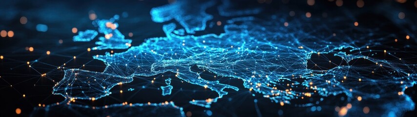 Futuristic Digital Map of Europe with Glowing Connections and Nodes for High-Tech Communication
