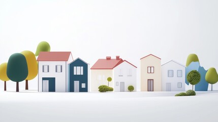 Colorful Miniature Homes Row in a White Landscape