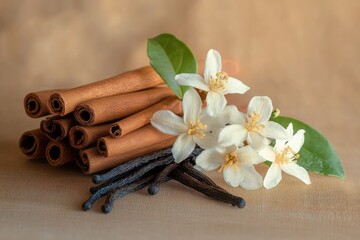 Vanilla Beans Cinnamon Sticks and Jasmine Flowers in Still Life Composition