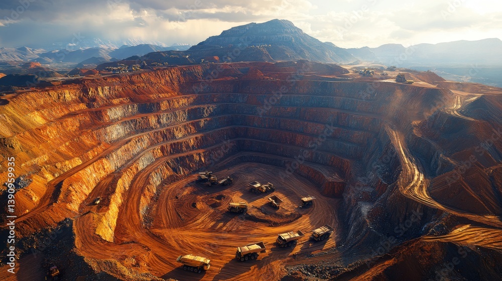 Leinwandbilder heavy machinery works in a vast open pit mine, extracting minerals from layered earth in a rugged la