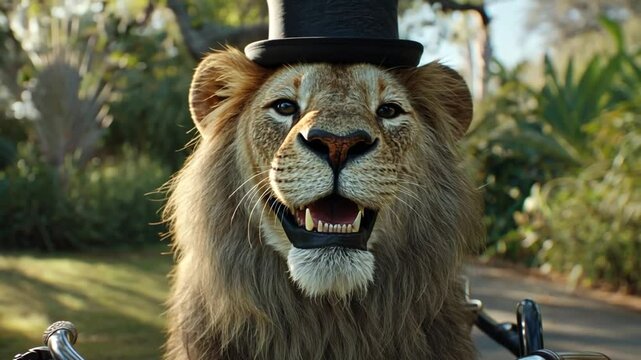 Lion in a Top Hat Rides a Bicycle Through a Sunny Park Path Generative AI