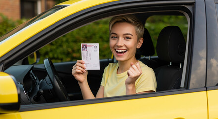 A jubilant young woman proudly displays her new driver's license, a radiant smile reflecting her newfound freedom and excitement in her bright yellow car, bathed in sunny outdoor light.