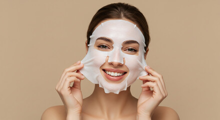A radiant young woman joyfully applying a luxurious sheet mask, revealing her glowing skin and happy smile against a soft neutral background.