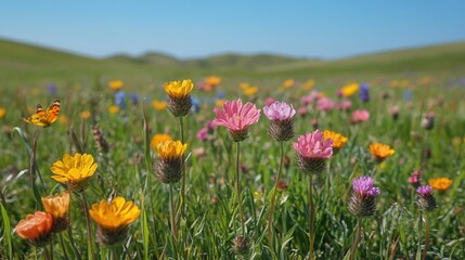 Obraz premium Vibrant Wildflower Meadow in Full Bloom Under a Clear Blue Sky