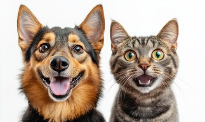 Obraz premium Happy Jagdterrier Dog and Curious Scottish Straight Cat Portrait on White Background