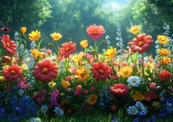 Cute Cartoon Flowers and Insects in a Happy Garden Scene for Children