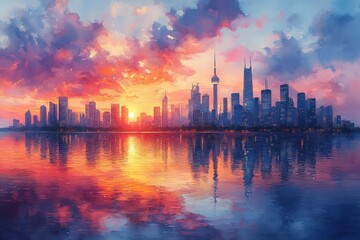 Futuristic Kuala Lumpur City Skyline Reflected in Calm Lake at Golden Hour