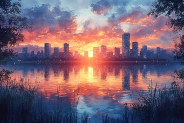 Fototapeta premium Futuristic Kuala Lumpur City Skyline Reflected in Calm Lake at Golden Hour