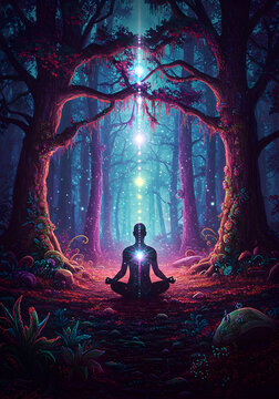 Spiritual figure meditating with glowing chakras and energy alignment in a magical forest setting.