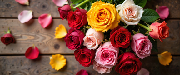 Vibrant bouquet of colorful roses on wooden table, floral elegance