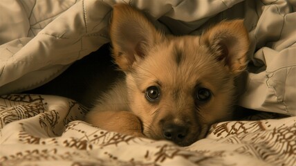 Obraz premium Photorealistic image of a highly detailed professional photo of puppy under couch with robe edge