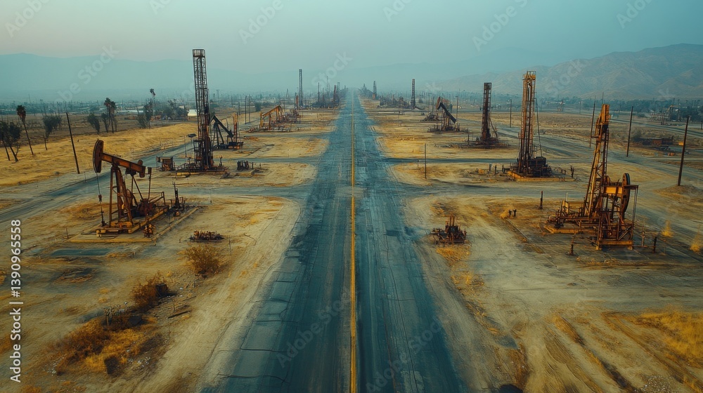 Aufkleber An expansive oil drilling site features numerous pump jacks lining both sides of a deserted road. The dry land and hazy atmosphere create an industrial yet deserted feel in the late afternoon light.