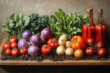 Fresh Harvest Vegetables on Dark Soil Potatoes Carrots Beets Peppers Tomatoes Cucumbers Beans Pumpkin Onions Garlic Autumn Bounty